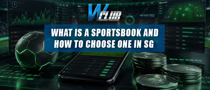 Promotional banner for WClub featuring a high-tech, dark green digital interface background displaying live sports analytics, a virtual soccer pitch, and data tracking charts. In the foreground, a black-and-green paneled soccer ball sits on the left, a smartphone lying flat displays a live sports betting application in the center, and a stack of metallic physical Bitcoin and Ethereum cryptocurrency coins is placed on the right. At the top, the "WClub" logo is centered above a dark blue overlay banner containing bold, white text that reads: "WHAT IS A SPORTSBOOK AND HOW TO CHOOSE ONE IN SG".