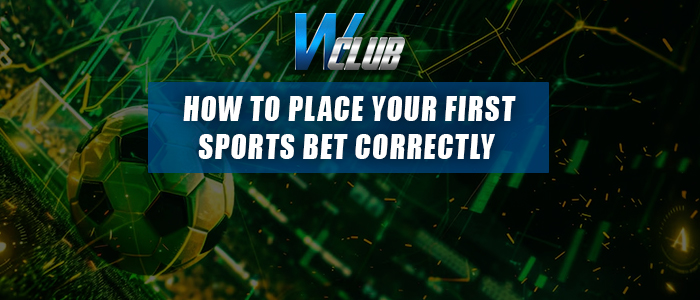 Promotional banner for WClub featuring a dark green and black abstract background filled with glowing digital matrix lines, data charts, and floating orange particles. On the left side, a metallic green-and-black paneled soccer ball is positioned near a stylized digital net or field. At the top center, the "WClub" logo is displayed directly above a long dark blue horizontal banner containing bold, white text that reads: "HOW TO PLACE YOUR FIRST SPORTS BET CORRECTLY"