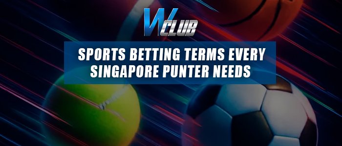 A promotional graphic for WClub featuring a dark background with dynamic speed lines and various sports balls, including a tennis ball, a soccer ball, and a basketball. Centered on the image is the WClub logo above a blue banner displaying the bold white text: "SPORTS BETTING TERMS EVERY SINGAPORE PUNTER NEEDS".