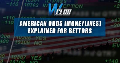 A promotional graphic for WClub featuring a digital sports betting board with green odds overlays against a background of an American flag and stadium crowd silhouetted at dusk. A central blue banner displays the WClub logo above bold white text reading: "AMERICAN ODDS (MONEYLINES) EXPLAINED FOR BETTORS".