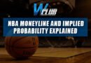 A basketball resting on an indoor basketball court inside a dimly lit arena, overlaid with the WClub logo and a blue banner reading "NBA MONEYLINE AND IMPLIED PROBABILITY EXPLAINED".