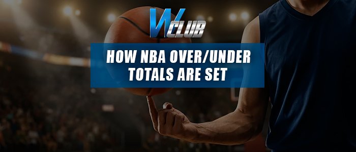 A basketball player spinning a basketball on his finger under arena stadium lights, overlaid with the WClub logo and a blue banner reading "HOW NBA OVER/UNDER TOTALS ARE SET".